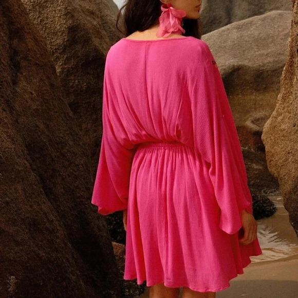 Hot Pink Boho Women's Deep V-Neck Floral Embroidered Batwing Sleeve Dress - Picture 6 of 12